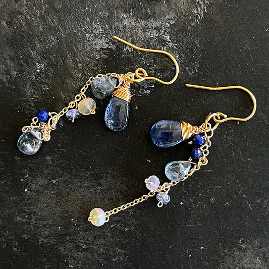 Cosmic Whisper: Kyanite, Opal & Grey Topaz Dangle Earrings