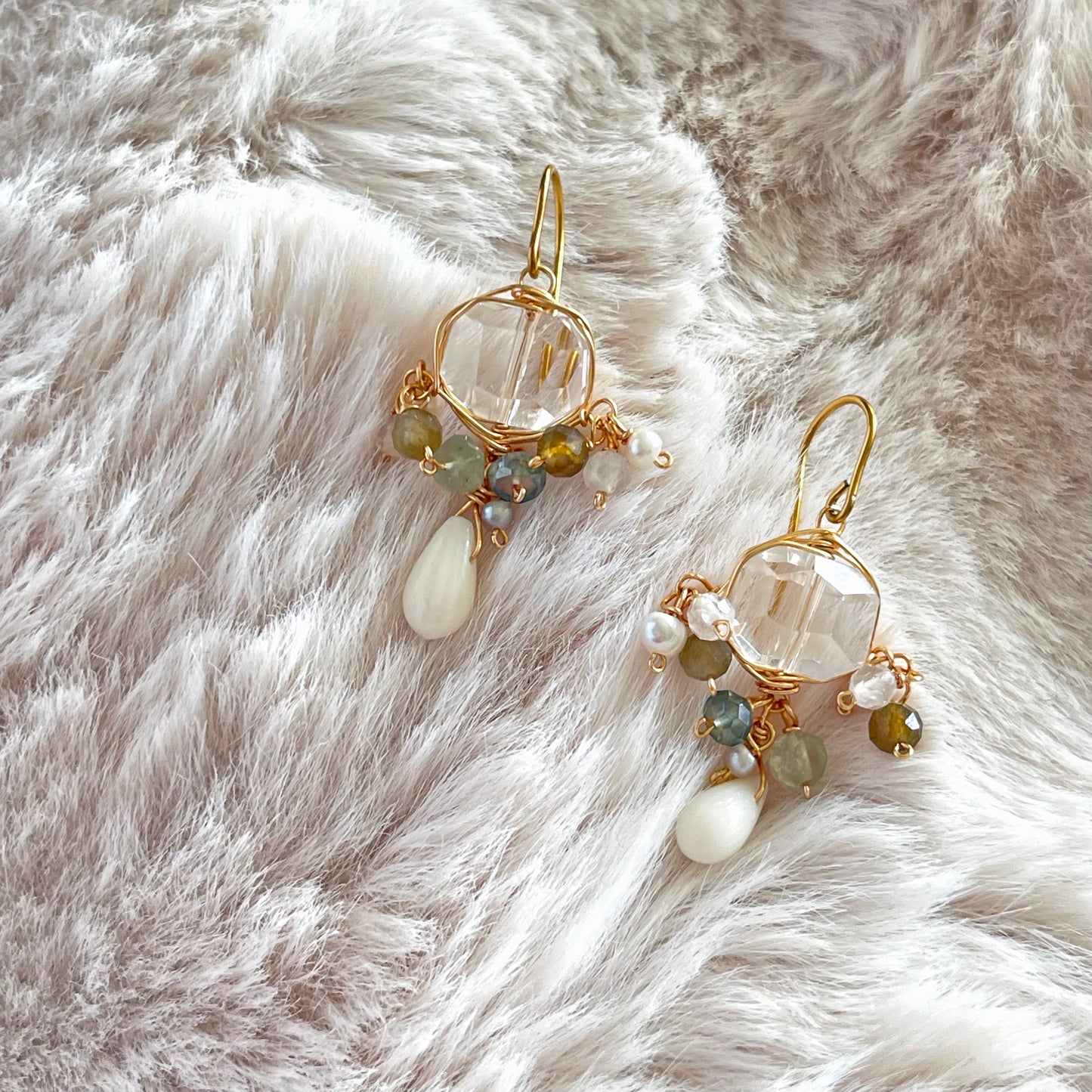 Crystalline Serenity – Crystal Quartz & White Coral Cluster Earrings 14K Gold Fill