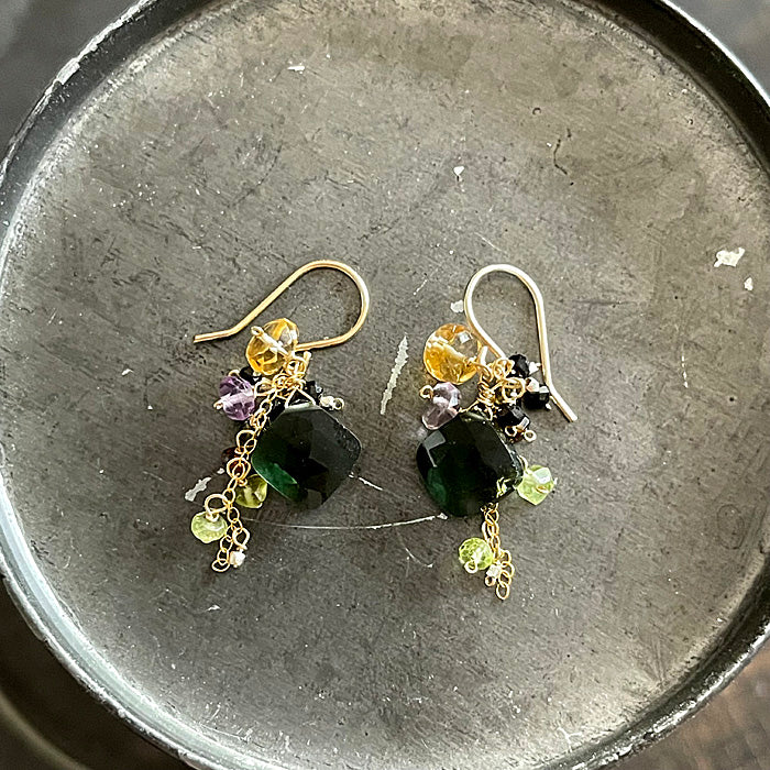 Forest Green Quartz Square with Black and Yellow Gemstones Earrings - 14KGF