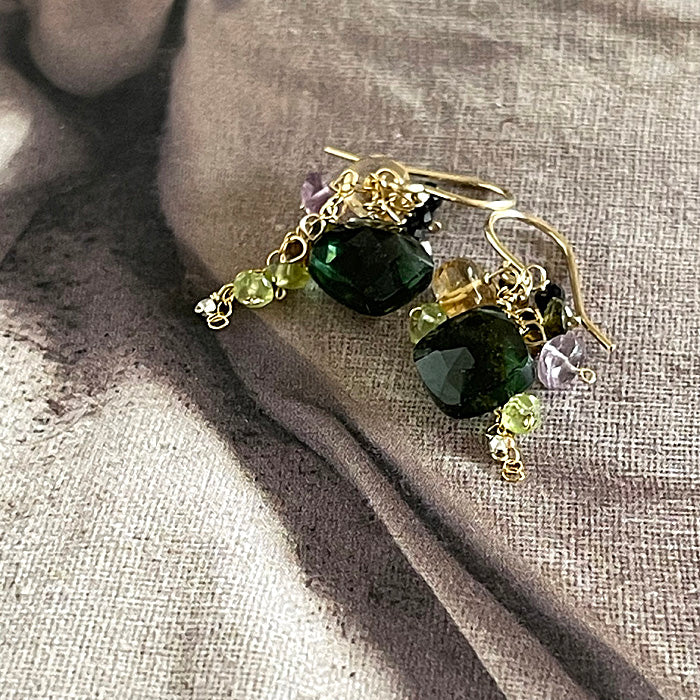 Forest Green Quartz Square with Black and Yellow Gemstones Earrings - 14KGF