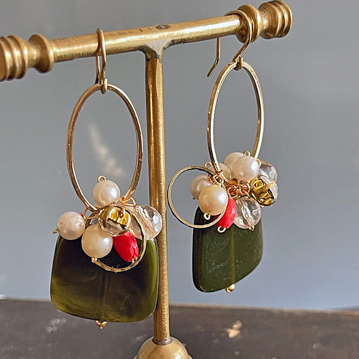 Dark green acrylic square with oval link and red coral earrings