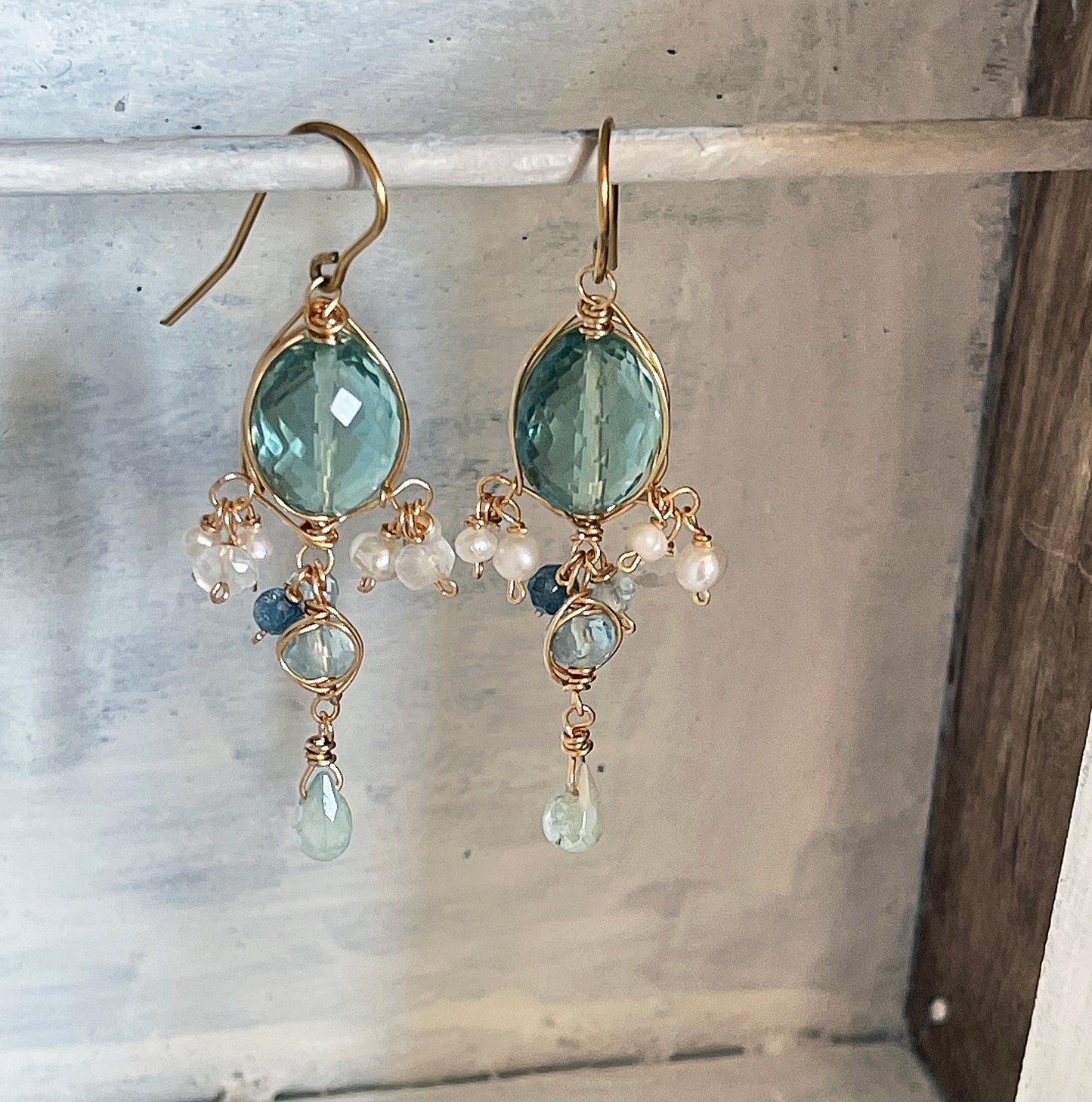 Morning Dew - Ethereal Green Quartz & Aquamarine Chandelier Earrings 14K Gold Fill