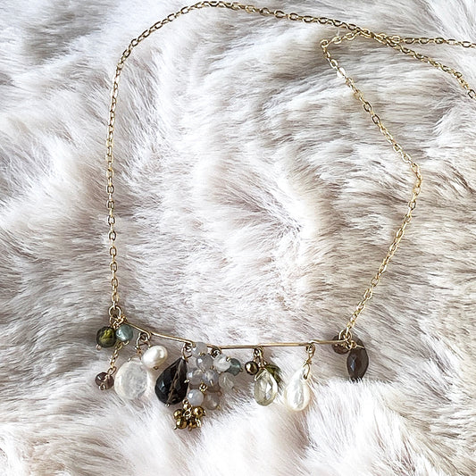 Sepia Nostalgia: Smoky Quartz, Moonstone & Keshi Pearl Bar Necklace