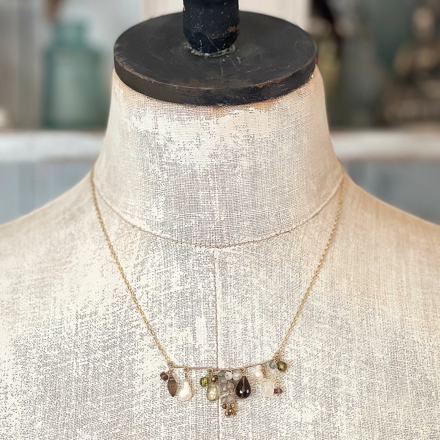 Sepia Nostalgia: Smoky Quartz, Moonstone & Keshi Pearl Bar Necklace
