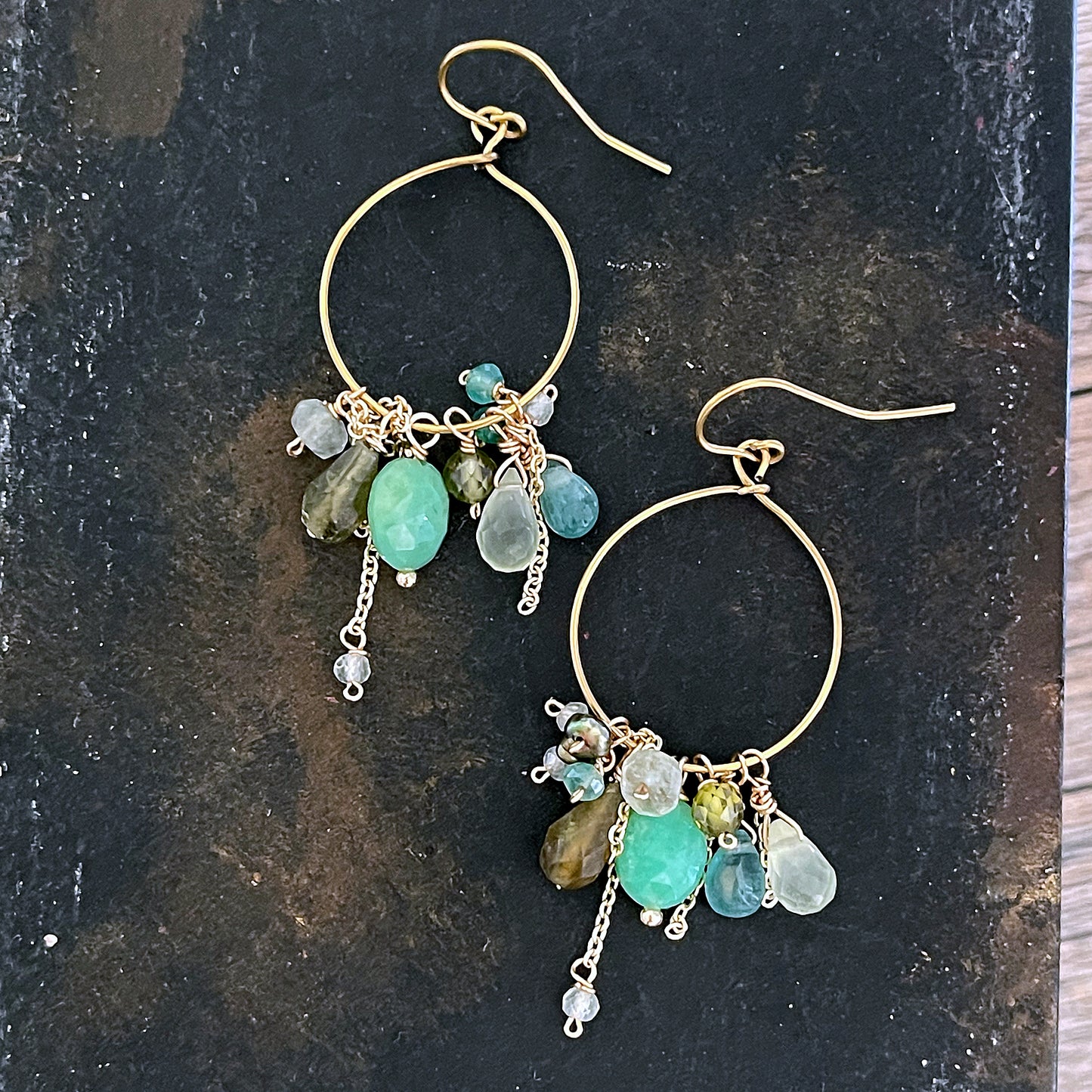 Verdant Harmony: Chrysoprase & Grandidierite Cluster Hoop Earrings
