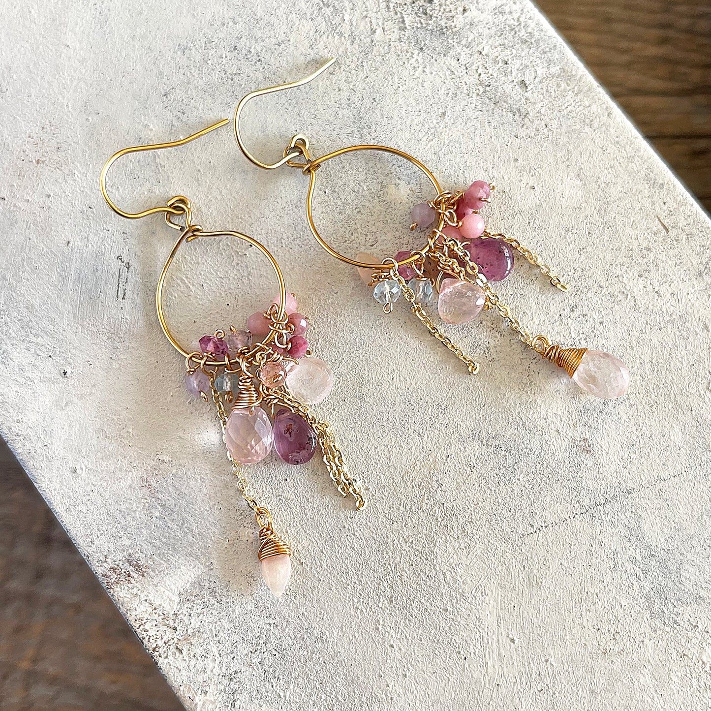 Rose Blossom Cluster Hoops: Rose Quartz, Pink Tourmaline & Opal Boho Chic Hoop Earrings