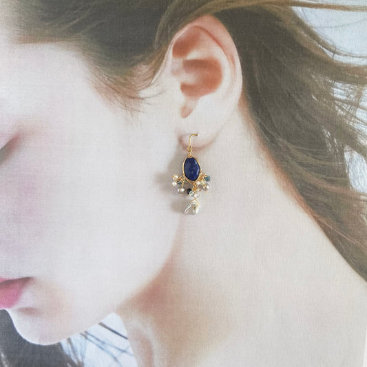 Celestial Night – Lapis Lazuli & Lustrous Keshi Pearl Cluster Wire Wrap Earrings 14K Gold Filled