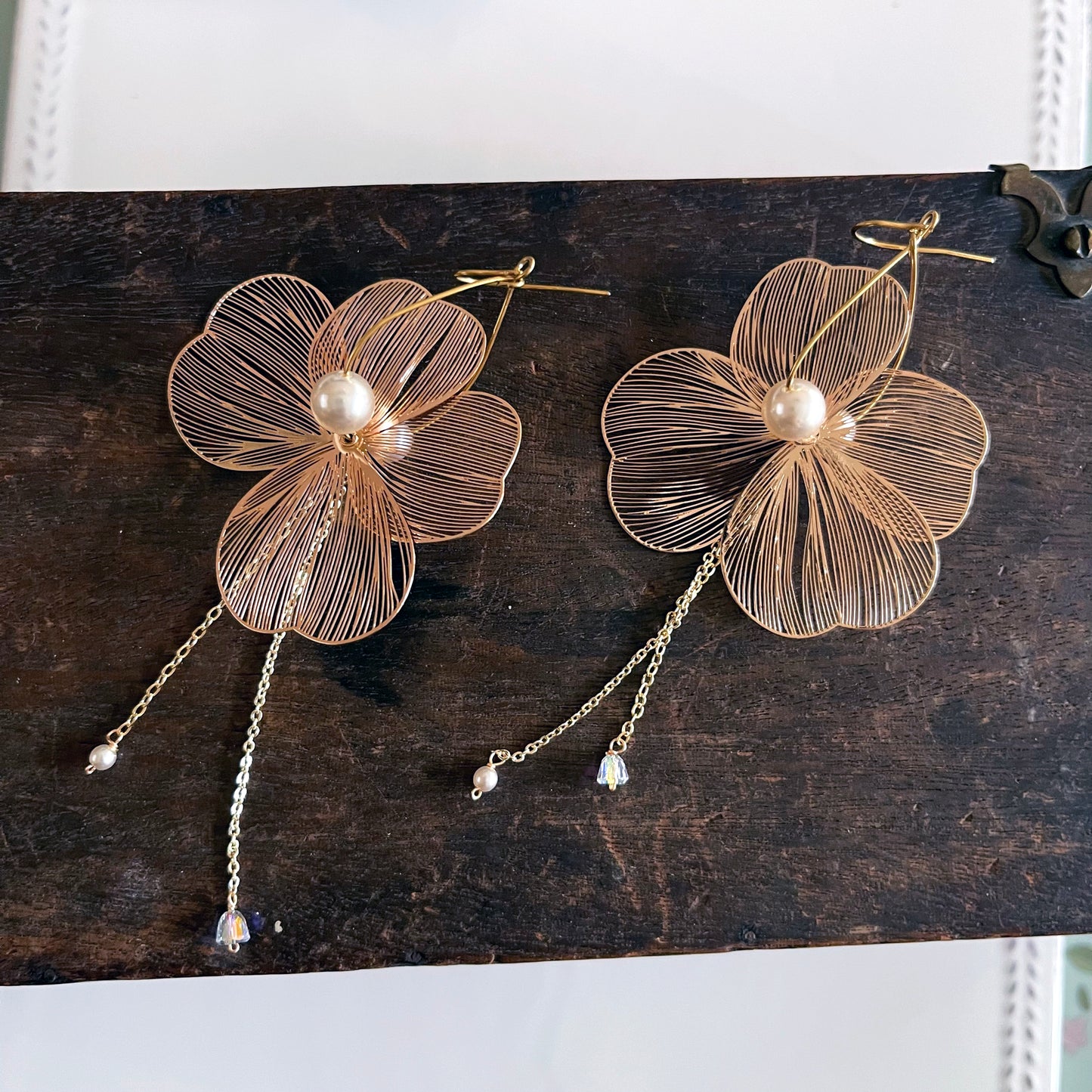 Large Filigree Flower Earrings with Cultured Pearl & Draping Chains