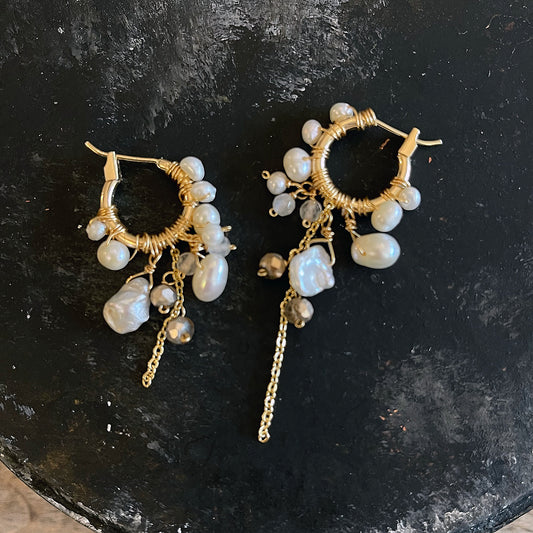 Keshi & Freshwater Pearl Cluster Gold Hoop Earrings
