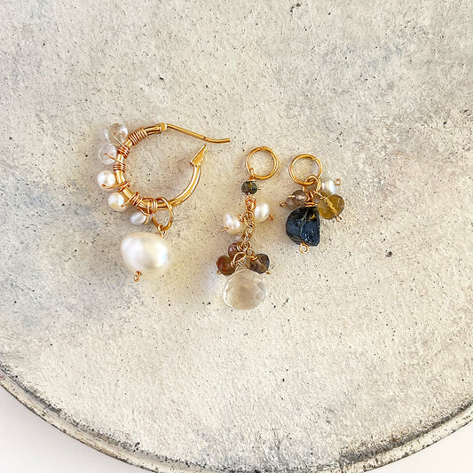 Convertible Gemstone Cluster Hoop Series, Pearl, Silky Quartz & Black Tourmaline Convertible Gemstone Cluster Hoop Earrings