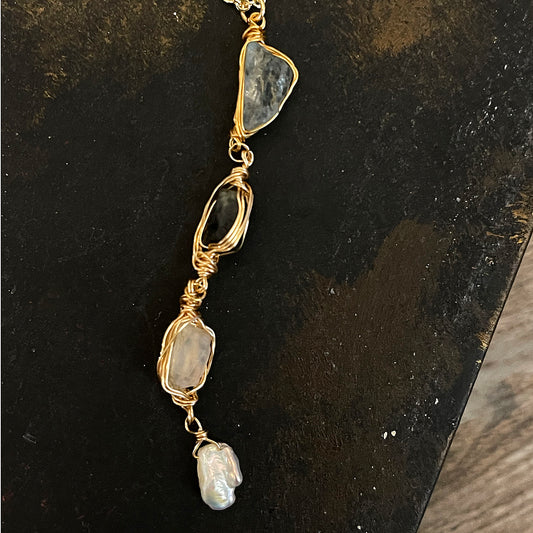 Ethereal Raw: Moss Aquamarine & Sapphire Wire-Framed Y-Necklace