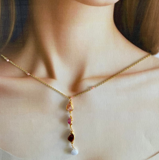 Ethereal Raw: Warm Horizon Sunstone & Pink Tourmaline Y-Necklace
