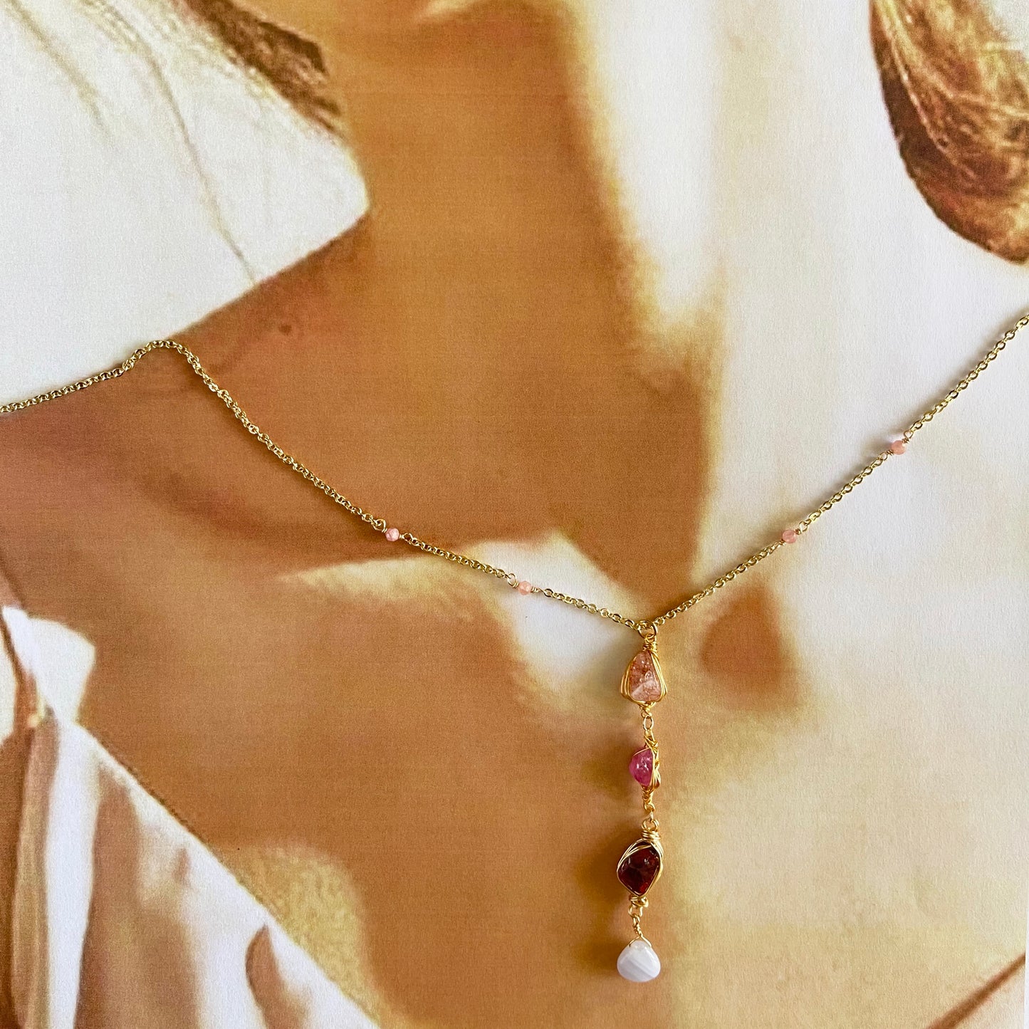 Ethereal Raw: Warm Horizon Sunstone & Pink Tourmaline Y-Necklace