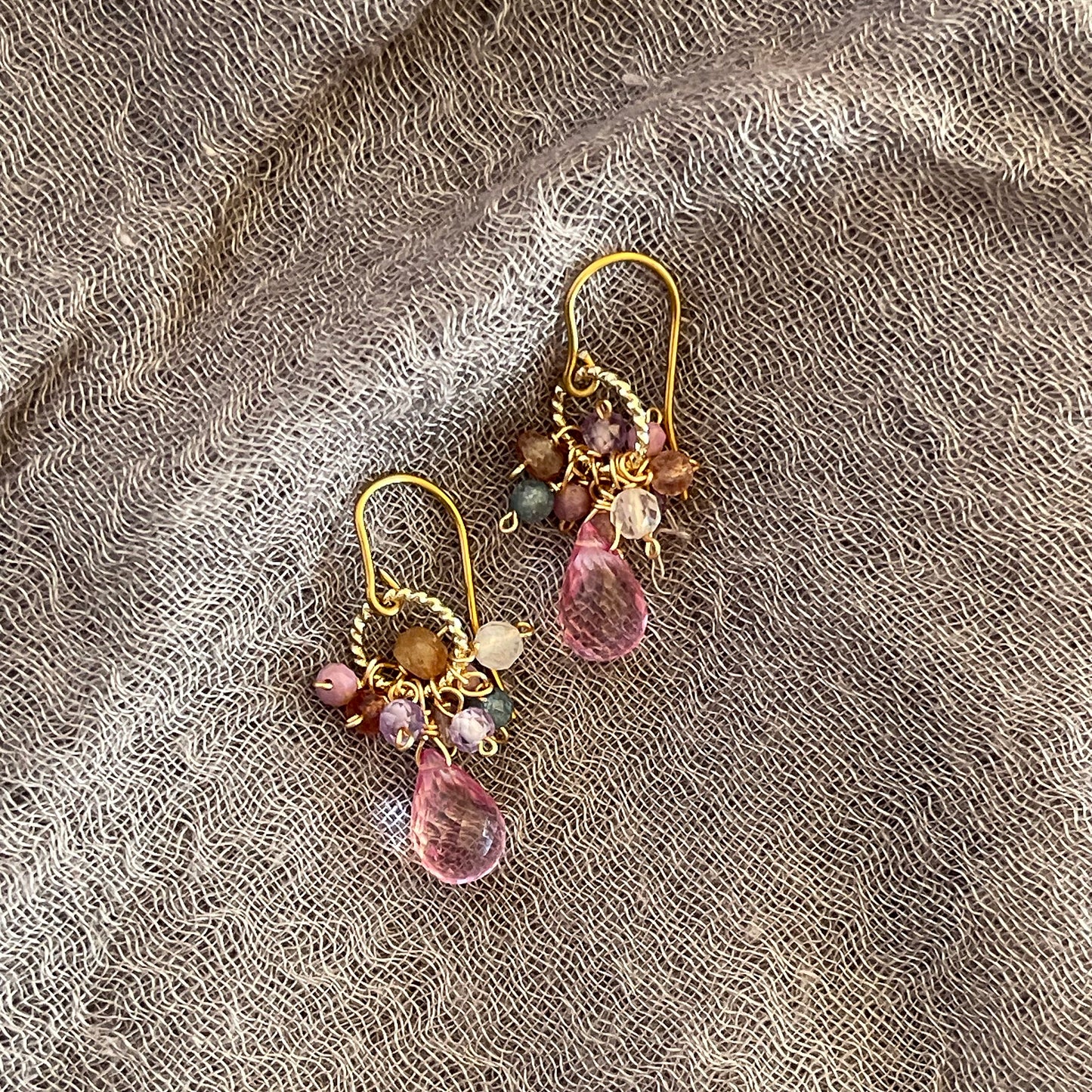 Pink Topaz Drop with Petit Pink Cluster on Glitter Link Earrings