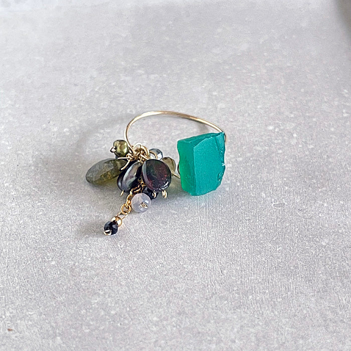 Green Onyx Rectangle with Opal and Green Garnet Open Ring - 14KGF