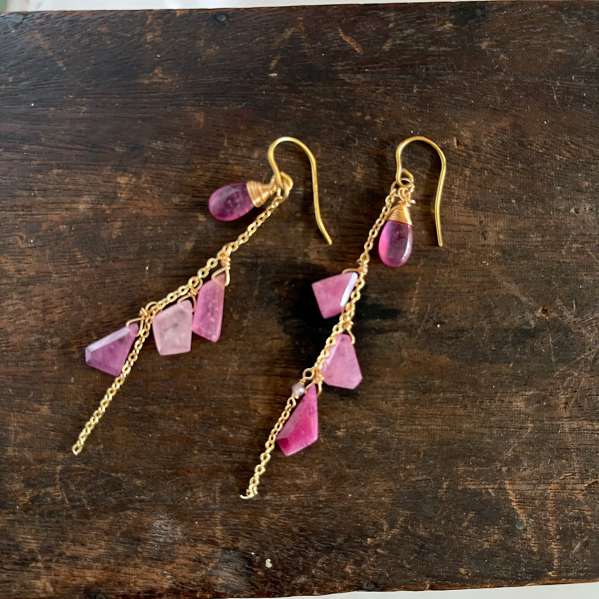 Pink Sapphire Drop & Ruby Slice Cascade Earrings