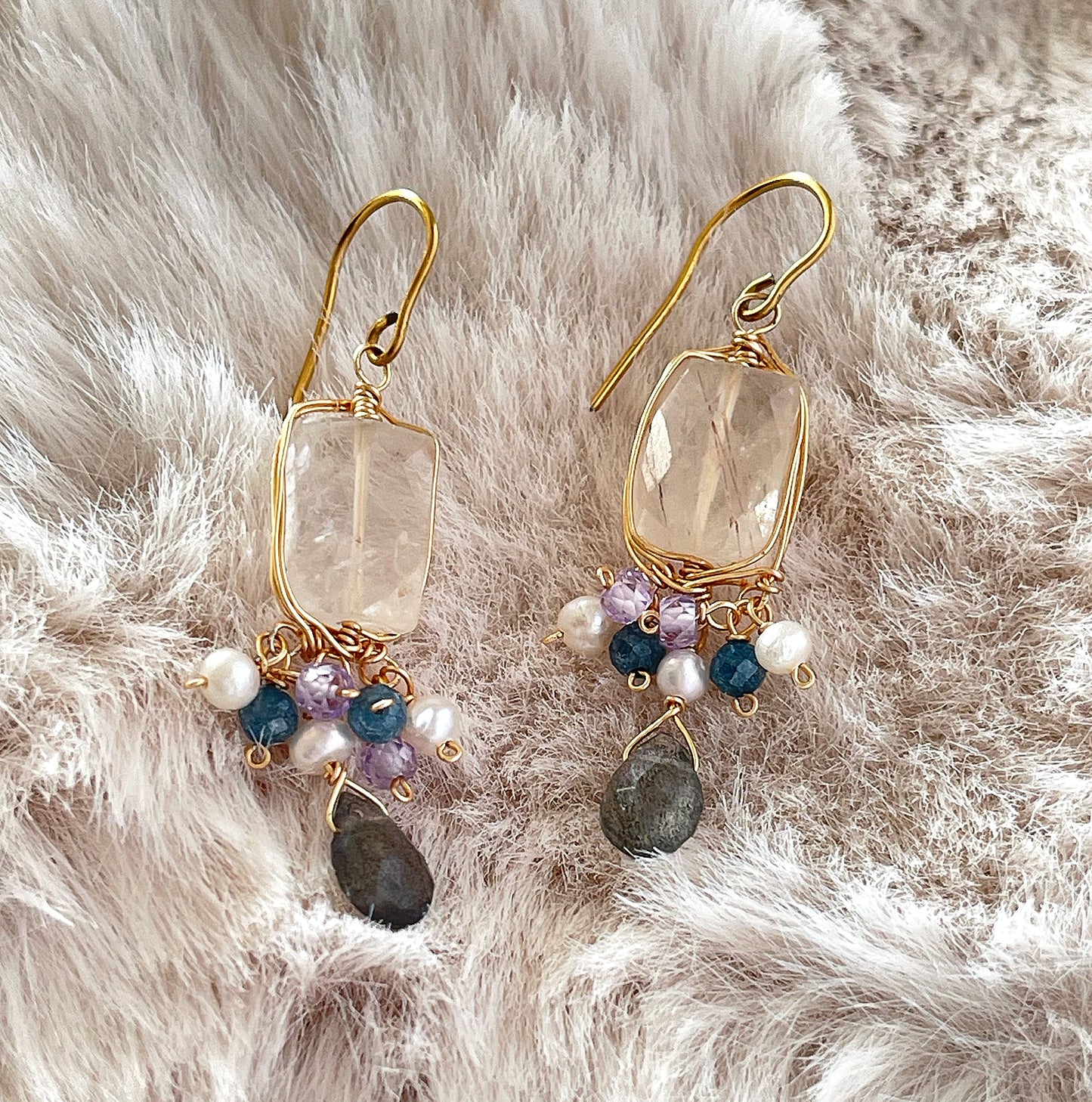 Luminous Echoes: Rutile Quartz & Labradorite Drop Earrings