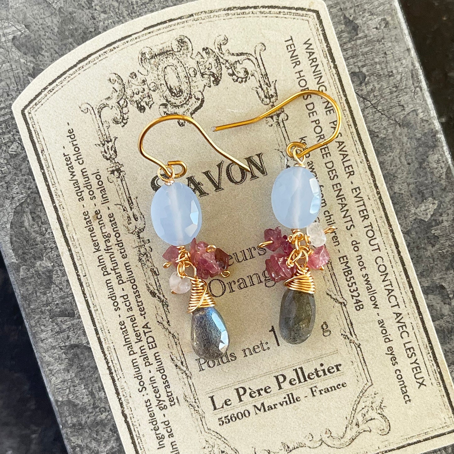 Sage Blue Chalcedony & Pink Tourmaline Chandelier Earrings with Labradorite - 14K Gold Fill