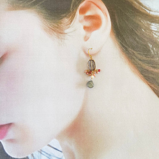 Smoky Quartz, Labradorite and Dainty Pink Gemstone Chandelier Earrings 14K Gold Filled