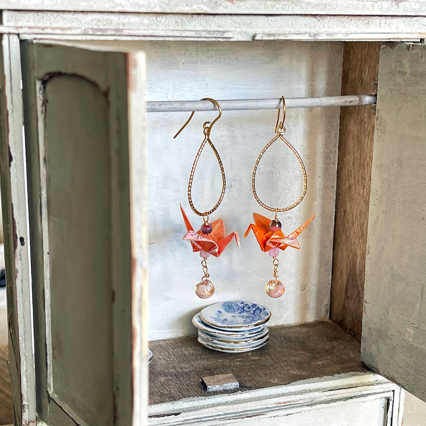 Hand-Folded Origami Crane & Textured Teardrop Hoop Earrings (Orange)