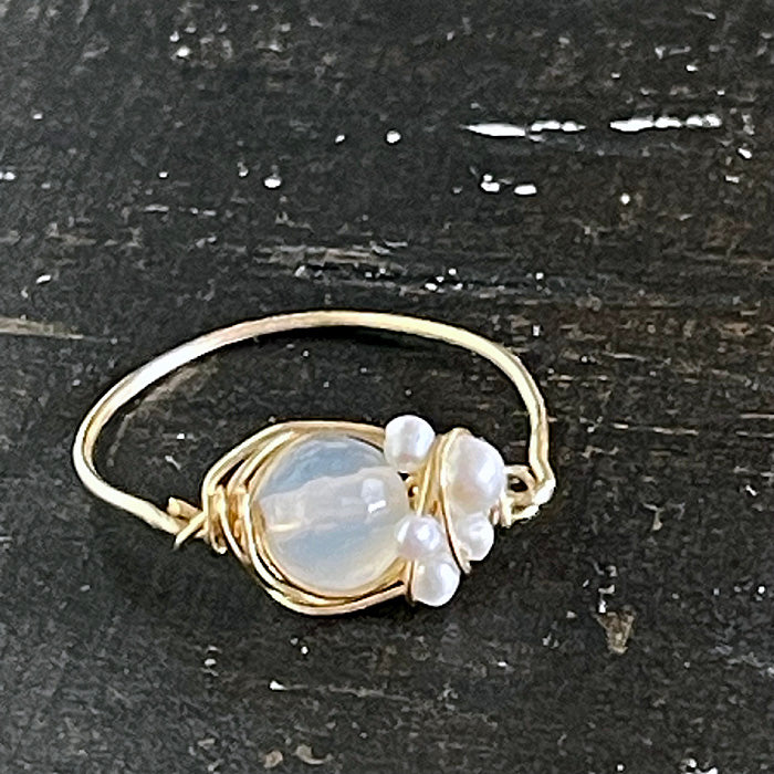 Rainbow Moonstone Wire Wrap Ring with Seed Pearls - 14KGF