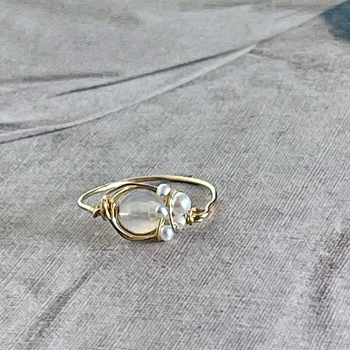 Rainbow Moonstone Wire Wrap Ring with Seed Pearls - 14KGF