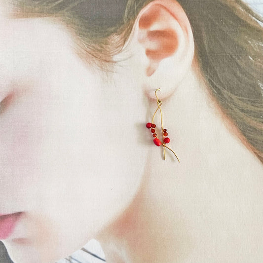 Red Coral & Spinel Wave Line Drop Earrings
