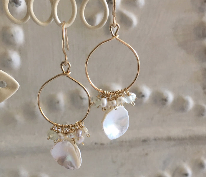 Cornflake Keshi Pearl on Mini Hoop Earrings -  14KGF