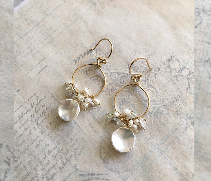 Cornflake Keshi Pearl on Mini Hoop Earrings -  14KGF
