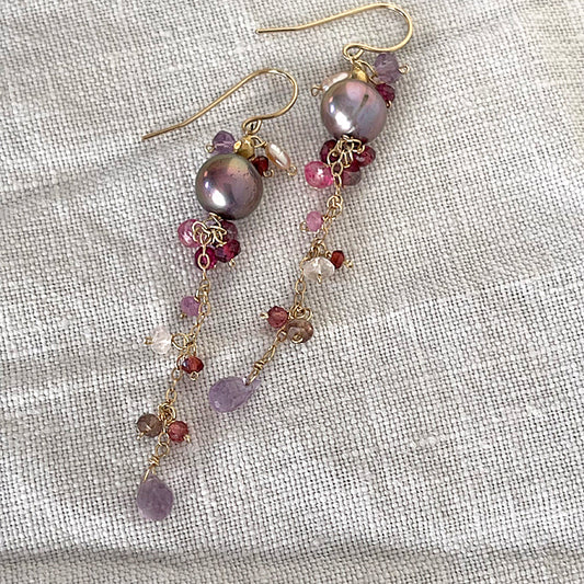 Mauve Pearl with Pink Gemstones Cascade Earrings - 14KGF