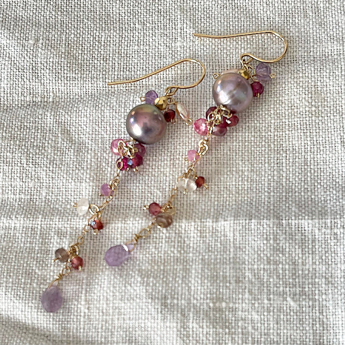 Mauve Pearl with Pink Gemstones Cascade Earrings - 14KGF