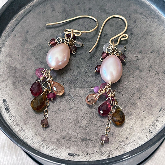 Dusty Pink Pearl with Red and Pink Gemstones Cascade Earrings - 14KGF