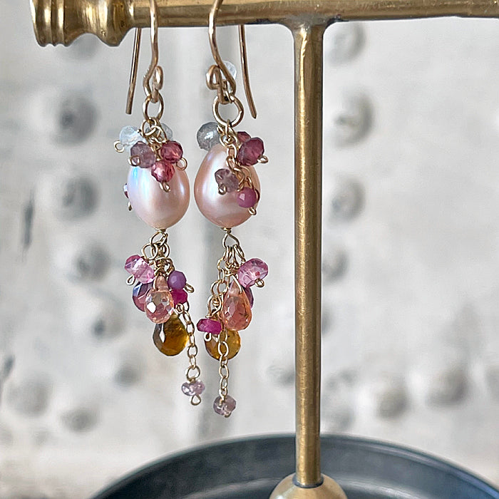 Dusty Pink Pearl with Red and Pink Gemstones Cascade Earrings - 14KGF