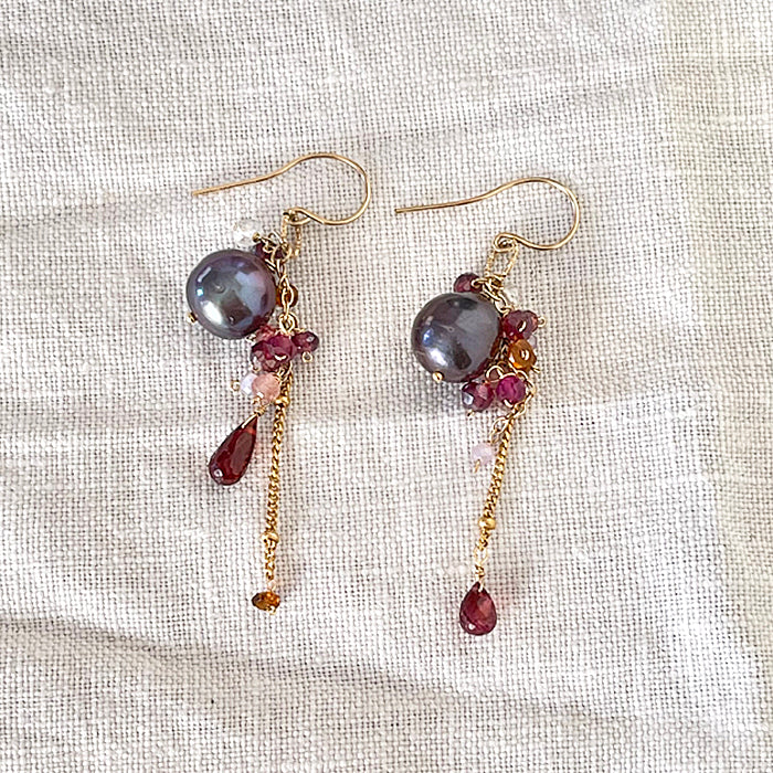 Charcoal Pearl with Garnet and Gold Chain Earrings - 14KGF