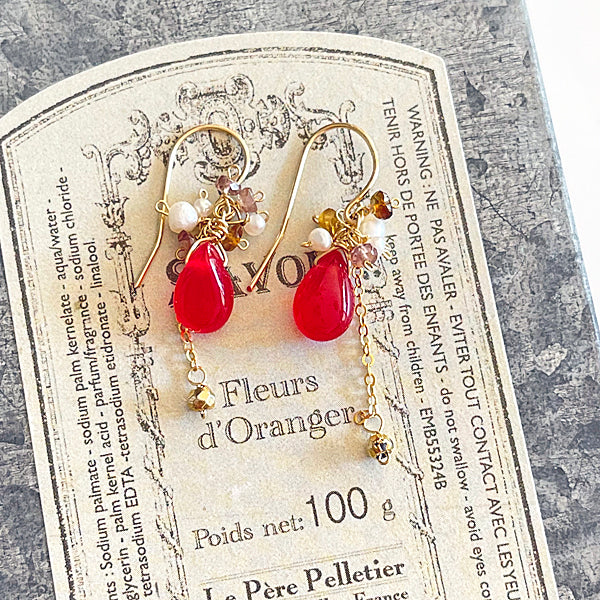 Red Jade with Sepia and Pearl Petit Earrings   - 14KGF