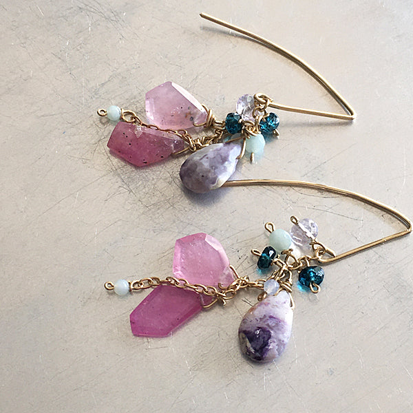 Ruby Slice and Tiffany Stone Long Hook Earrings - 14KGF