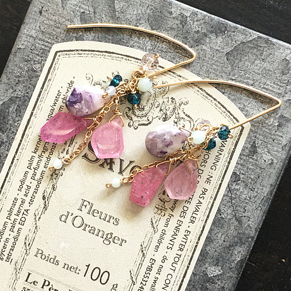 Ruby Slice and Tiffany Stone Long Hook Earrings - 14KGF