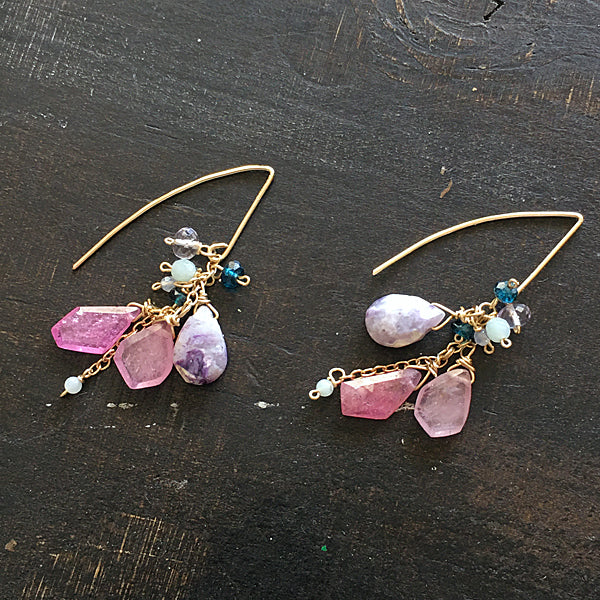 Ruby Slice and Tiffany Stone Long Hook Earrings - 14KGF