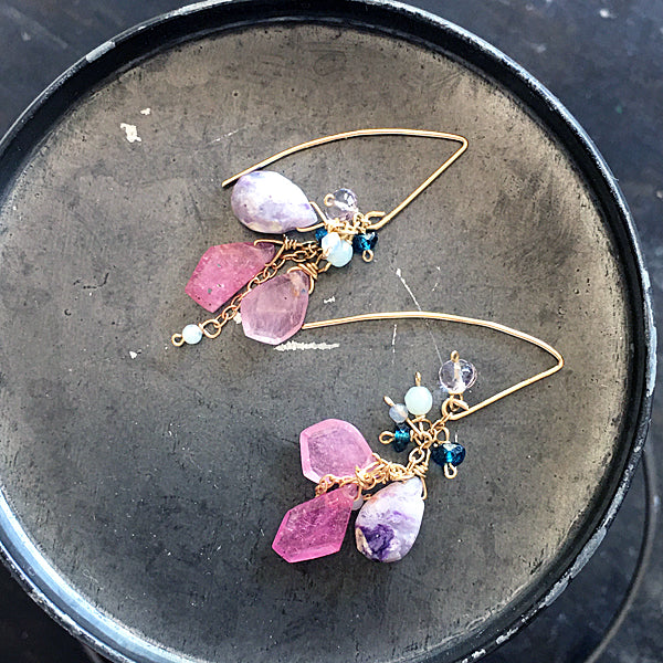 Ruby Slice and Tiffany Stone Long Hook Earrings - 14KGF