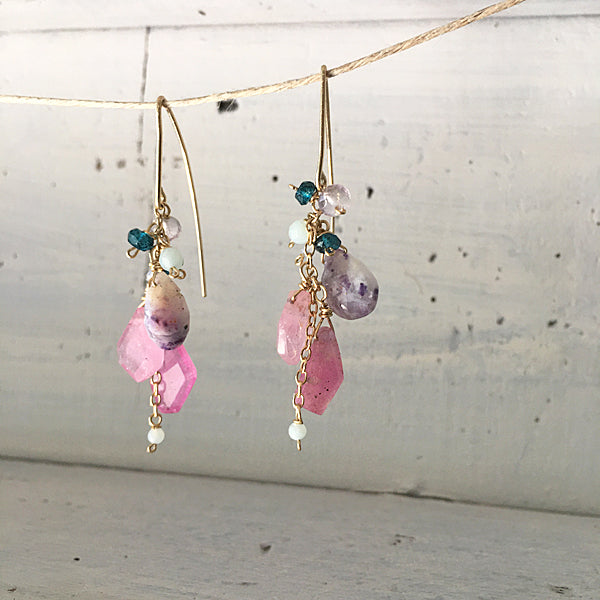 Ruby Slice and Tiffany Stone Long Hook Earrings - 14KGF