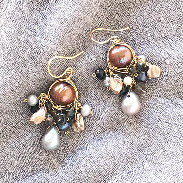 Wire Wrapped Brown and Silver Pearl Chandelier Earrings -  14KGF