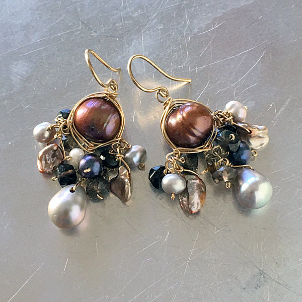 Wire Wrapped Brown and Silver Pearl Chandelier Earrings -  14KGF
