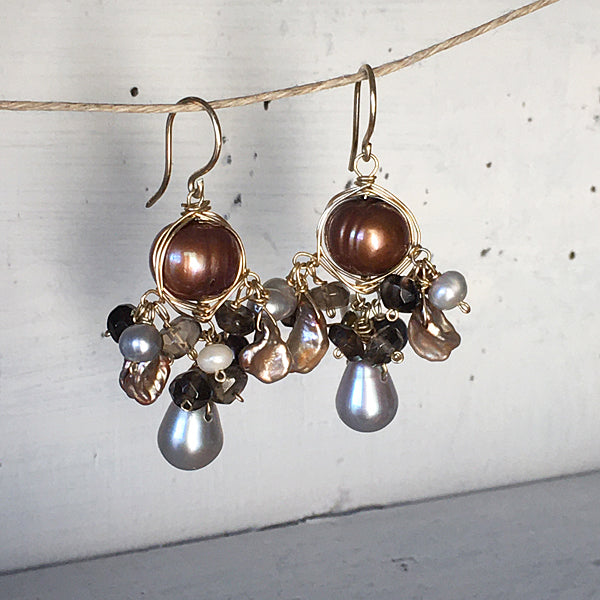 Wire Wrapped Brown and Silver Pearl Chandelier Earrings -  14KGF