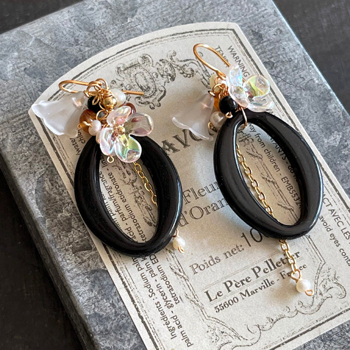 Black Oval Link with Flower Earrings