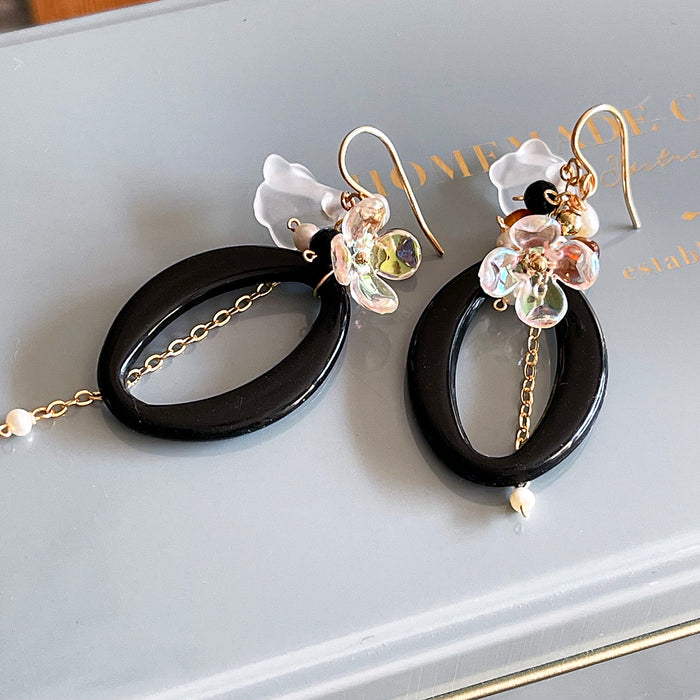 Black Oval Link with Flower Earrings