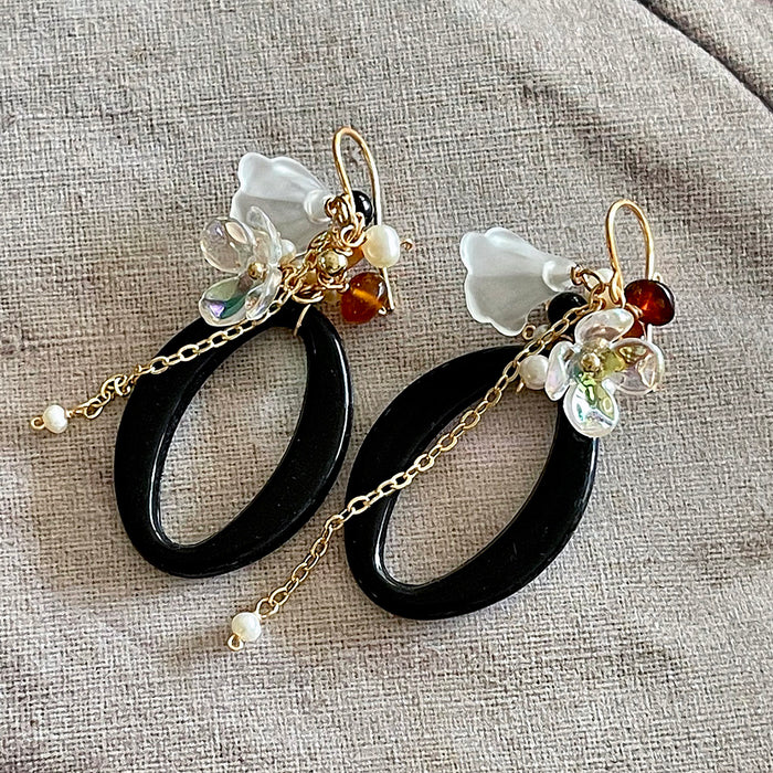 Black Oval Link with Flower Earrings