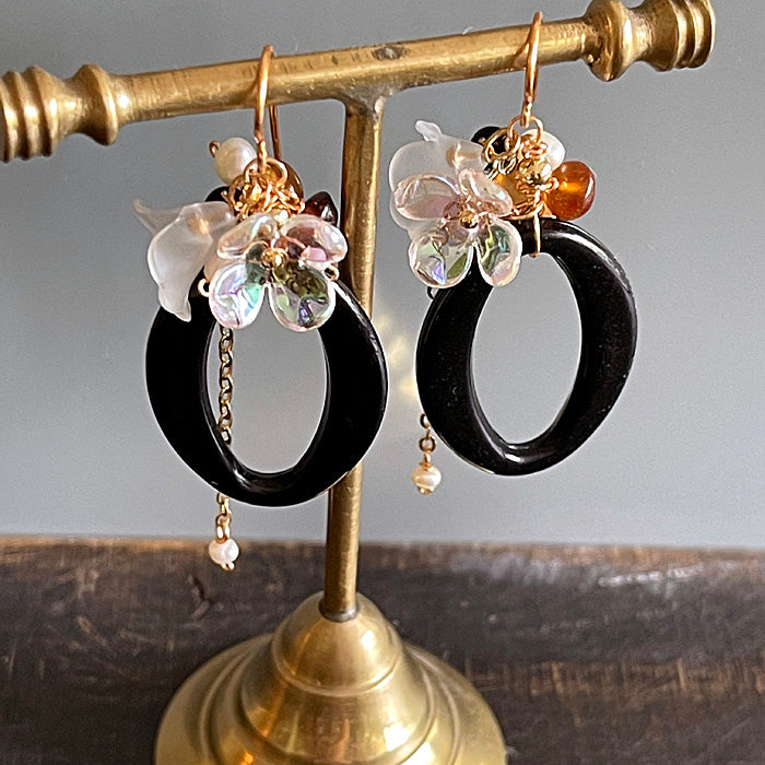 Black Oval Link with Flower Earrings