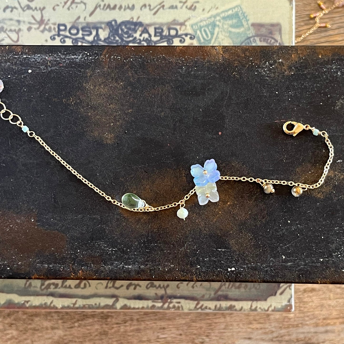 Verdant Mist Blossom: Blue & Green Hydrangea Bracelet