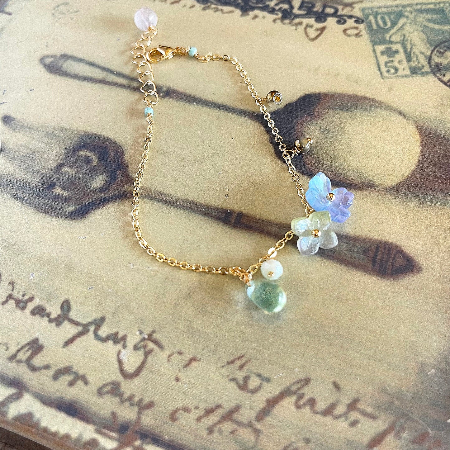 Verdant Mist Blossom: Blue & Green Hydrangea Bracelet