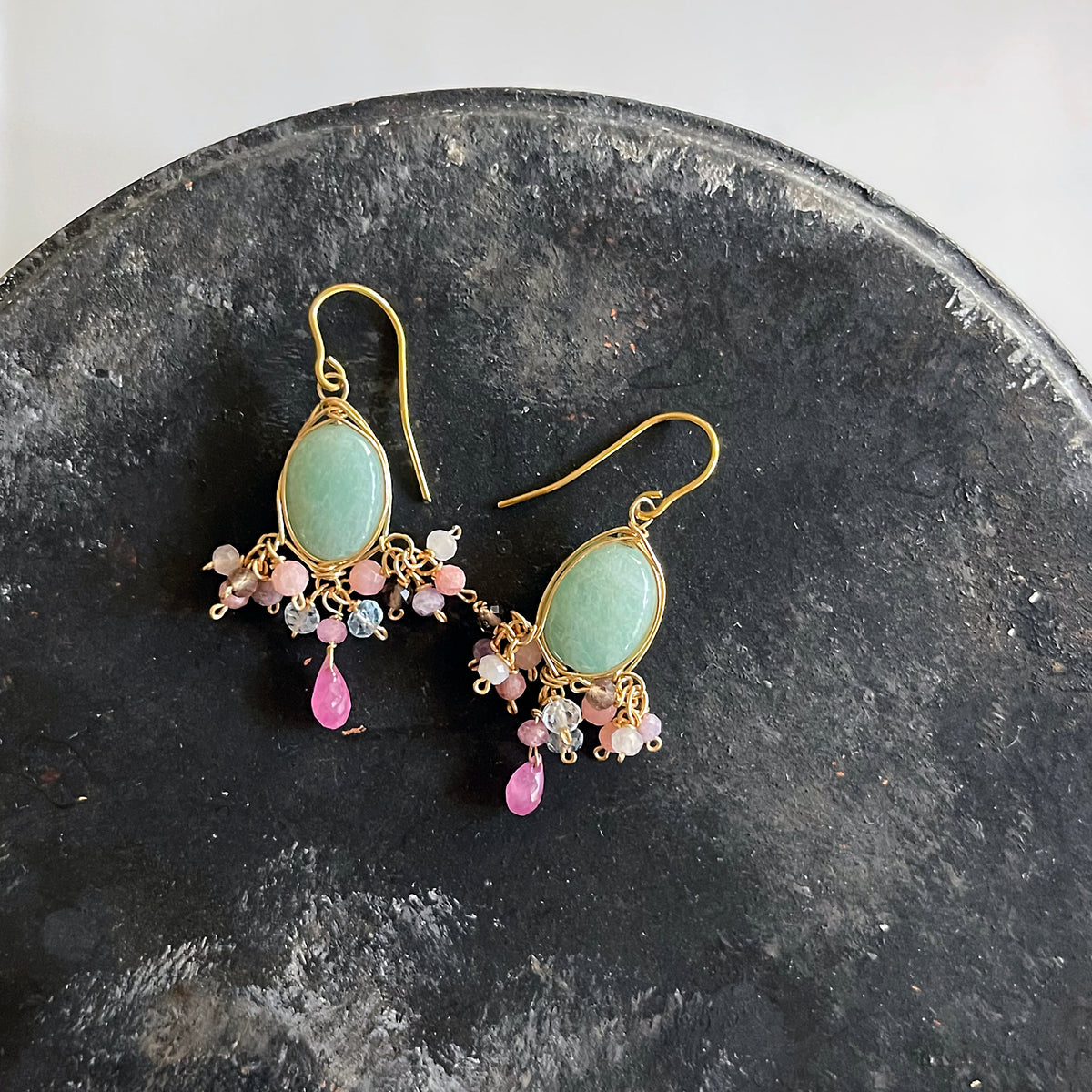 Amazonite & Pink Sapphire Chandelier Earrings